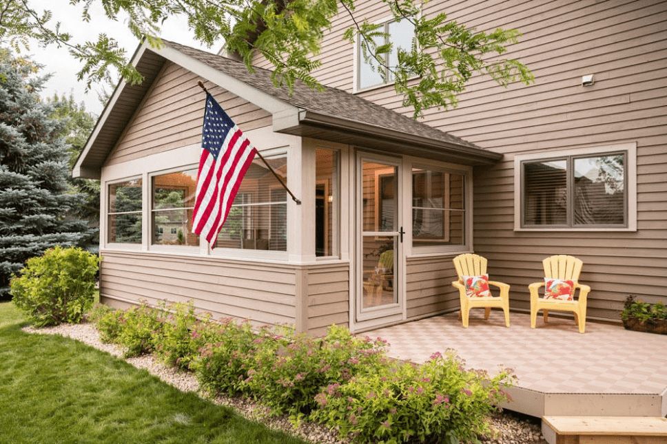 A back porch with a sunroom featuring a storm door with a retractable screen.